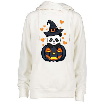 Panda On Pumpkin Witch Hat Pumpkin Face Halloween Panda Womens Funnel Neck Pullover Hood