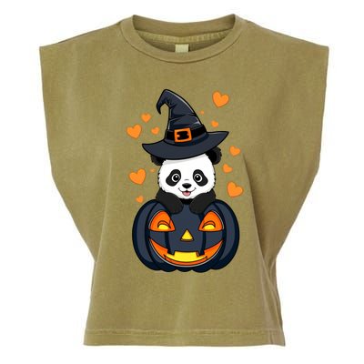 Panda On Pumpkin Witch Hat Pumpkin Face Halloween Panda Garment-Dyed Women's Muscle Tee