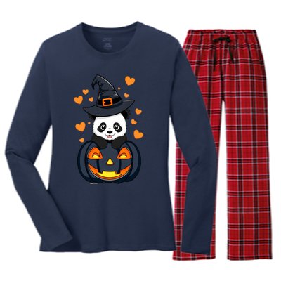 Panda On Pumpkin Witch Hat Pumpkin Face Halloween Panda Women's Long Sleeve Flannel Pajama Set 