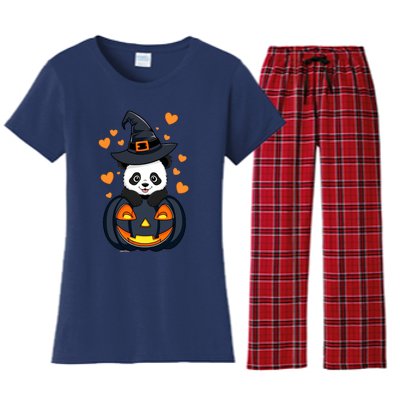 Panda On Pumpkin Witch Hat Pumpkin Face Halloween Panda Women's Flannel Pajama Set