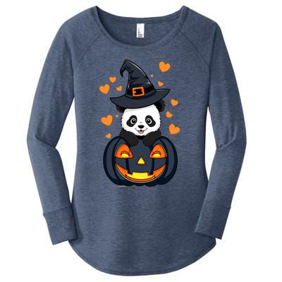 Panda On Pumpkin Witch Hat Pumpkin Face Halloween Panda Women's Perfect Tri Tunic Long Sleeve Shirt