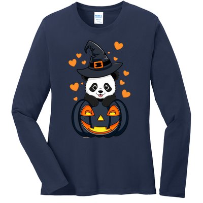 Panda On Pumpkin Witch Hat Pumpkin Face Halloween Panda Ladies Long Sleeve Shirt