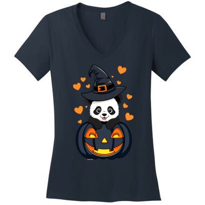 Panda On Pumpkin Witch Hat Pumpkin Face Halloween Panda Women's V-Neck T-Shirt