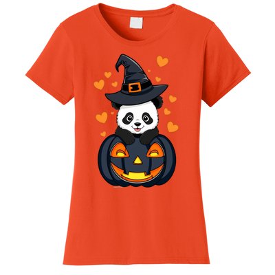 Panda On Pumpkin Witch Hat Pumpkin Face Halloween Panda Women's T-Shirt