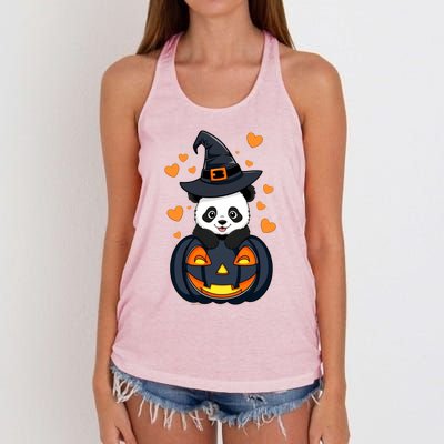 Panda On Pumpkin Witch Hat Pumpkin Face Halloween Panda Women's Knotted Racerback Tank