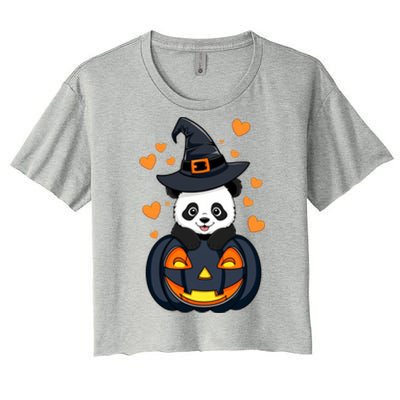 Panda On Pumpkin Witch Hat Pumpkin Face Halloween Panda Women's Crop Top Tee