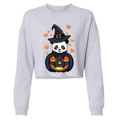 Panda On Pumpkin Witch Hat Pumpkin Face Halloween Panda Cropped Pullover Crew