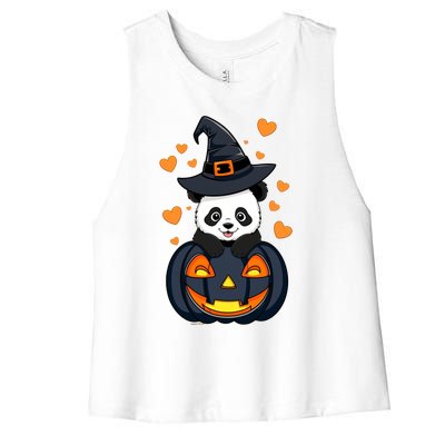 Panda On Pumpkin Witch Hat Pumpkin Face Halloween Panda Women's Racerback Cropped Tank