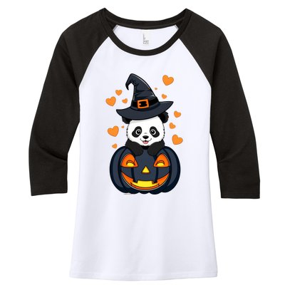 Panda On Pumpkin Witch Hat Pumpkin Face Halloween Panda Women's Tri-Blend 3/4-Sleeve Raglan Shirt