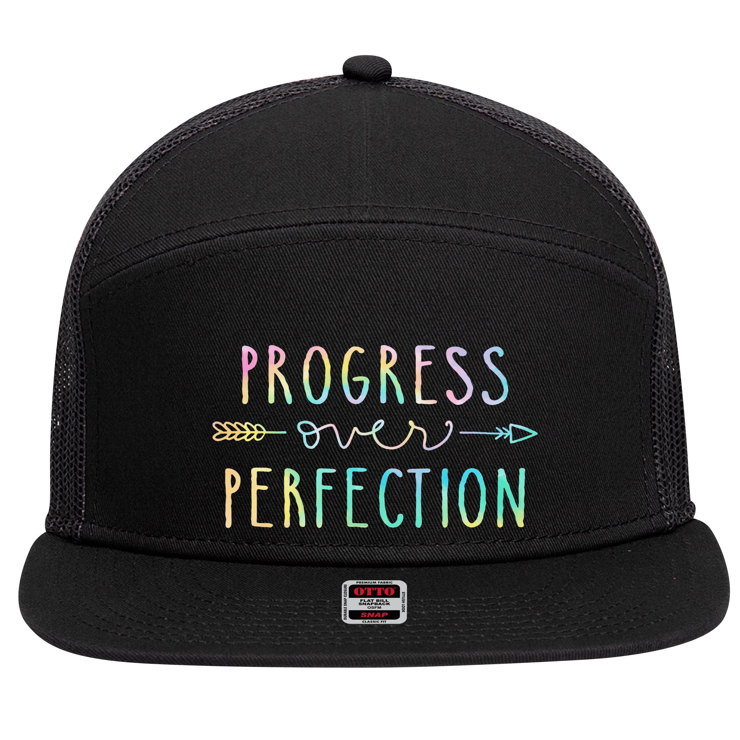 Progress Over Perfection Motivational Gifts 7 Panel Mesh Trucker Snapback Hat