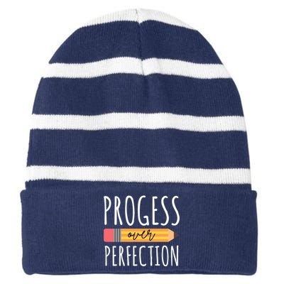 Progress Over Perfection Education Back To School Striped Beanie with Solid Band