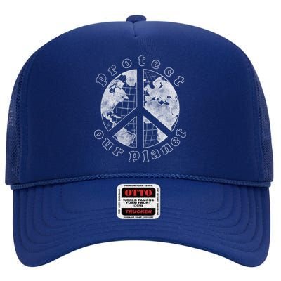 Protect Our Planet Globe Love And Peace Sign Great Gift High Crown Mesh Back Trucker Hat