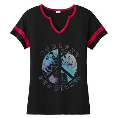 Protect Our Planet Globe Love And Peace Sign Cool Gift Ladies Halftime Notch Neck Tee