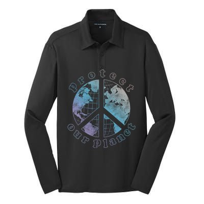 Protect Our Planet Globe Love And Peace Sign Cool Gift Silk Touch Performance Long Sleeve Polo