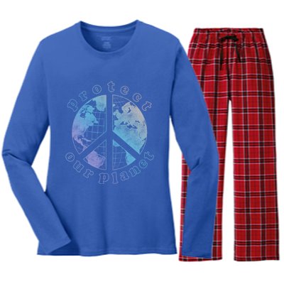 Protect Our Planet Globe Love And Peace Sign Cool Gift Women's Long Sleeve Flannel Pajama Set 