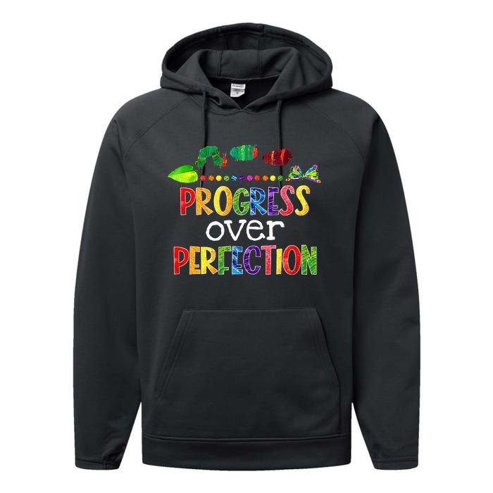 Progress Over Perfection Motivational Teacher Back To School Performance Fleece Hoodie