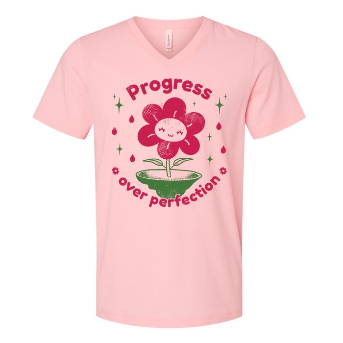 Progress Over Perfection Flower V-Neck T-Shirt