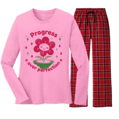 Progress Over Perfection Flower Women's Long Sleeve Flannel Pajama Set 