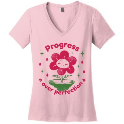 Progress Over Perfection Flower Women's V-Neck T-Shirt