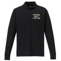 Progress Over Perfection Motivational Teacher Back To School Performance Long Sleeve Polo