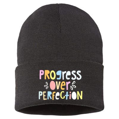 Progress Over Perfection Motivational Teacher Back To School Sustainable Knit Beanie