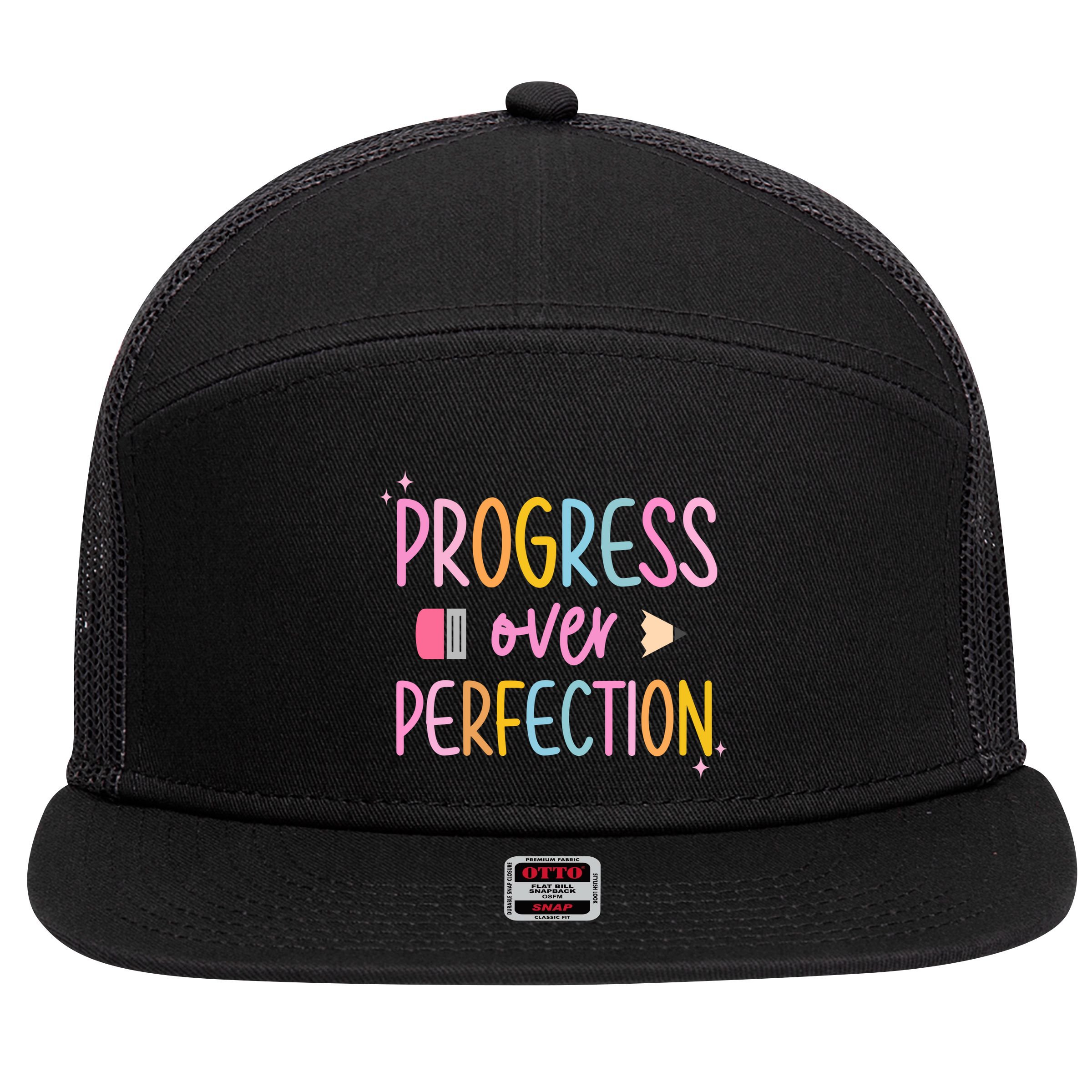 Progress Over Perfection 7 Panel Mesh Trucker Snapback Hat