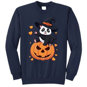 Panda On Pumpkin Witch Hat Pumpkin Face Halloween Panda Tall Sweatshirt