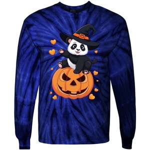 Panda On Pumpkin Witch Hat Pumpkin Face Halloween Panda Tie-Dye Long Sleeve Shirt