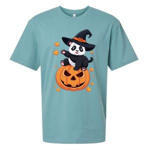 Panda On Pumpkin Witch Hat Pumpkin Face Halloween Panda Sueded Cloud Jersey T-Shirt