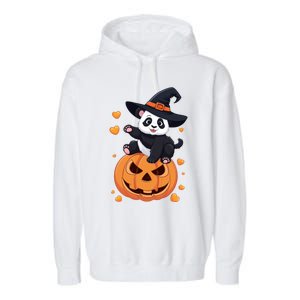 Panda On Pumpkin Witch Hat Pumpkin Face Halloween Panda Garment-Dyed Fleece Hoodie