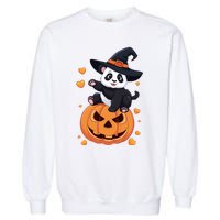 Panda On Pumpkin Witch Hat Pumpkin Face Halloween Panda Garment-Dyed Sweatshirt