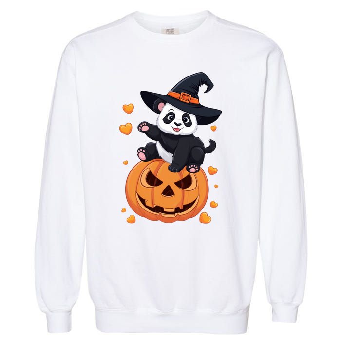 Panda On Pumpkin Witch Hat Pumpkin Face Halloween Panda Garment-Dyed Sweatshirt