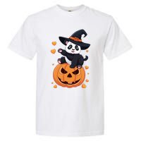 Panda On Pumpkin Witch Hat Pumpkin Face Halloween Panda Garment-Dyed Heavyweight T-Shirt