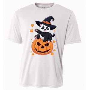 Panda On Pumpkin Witch Hat Pumpkin Face Halloween Panda Cooling Performance Crew T-Shirt