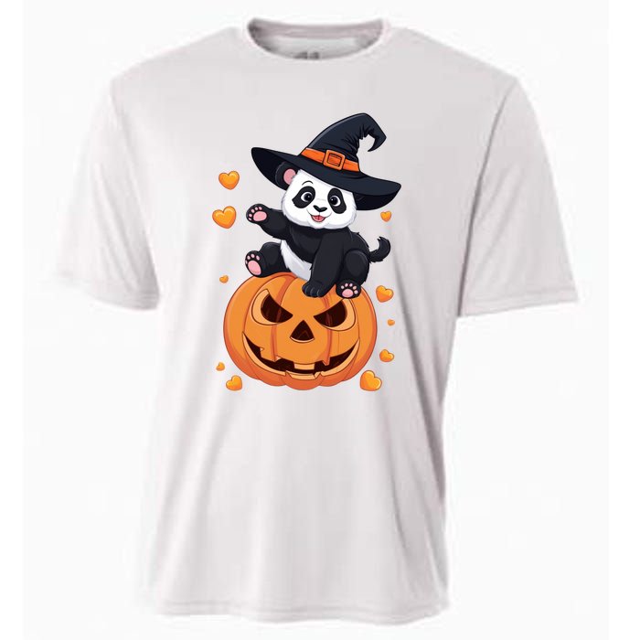 Panda On Pumpkin Witch Hat Pumpkin Face Halloween Panda Cooling Performance Crew T-Shirt