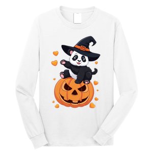 Panda On Pumpkin Witch Hat Pumpkin Face Halloween Panda Long Sleeve Shirt