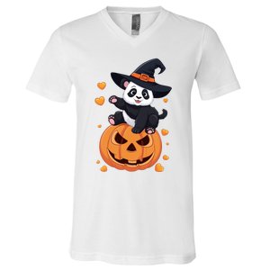 Panda On Pumpkin Witch Hat Pumpkin Face Halloween Panda V-Neck T-Shirt