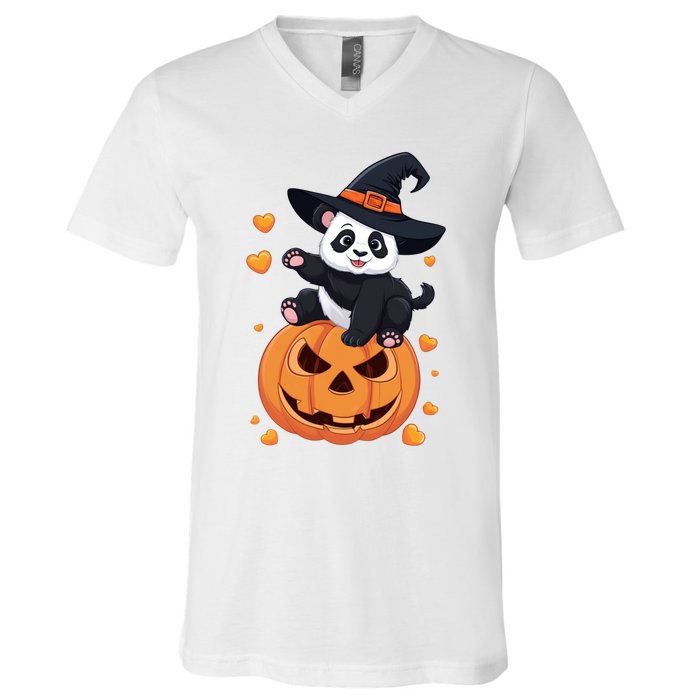 Panda On Pumpkin Witch Hat Pumpkin Face Halloween Panda V-Neck T-Shirt