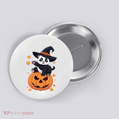 Panda On Pumpkin Witch Hat Pumpkin Face Halloween Panda Button