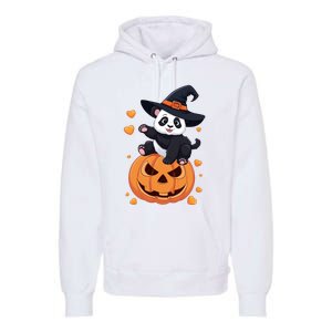 Panda On Pumpkin Witch Hat Pumpkin Face Halloween Panda Premium Hoodie