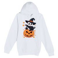 Panda On Pumpkin Witch Hat Pumpkin Face Halloween Panda Premium Pullover Hoodie