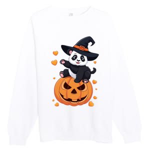 Panda On Pumpkin Witch Hat Pumpkin Face Halloween Panda Premium Crewneck Sweatshirt