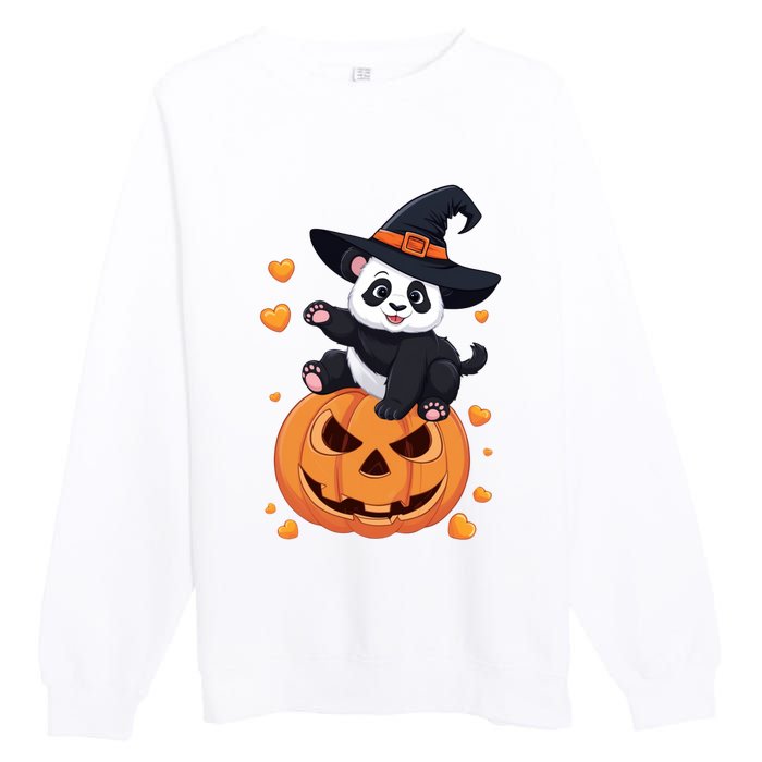 Panda On Pumpkin Witch Hat Pumpkin Face Halloween Panda Premium Crewneck Sweatshirt