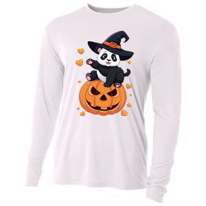 Panda On Pumpkin Witch Hat Pumpkin Face Halloween Panda Cooling Performance Long Sleeve Crew