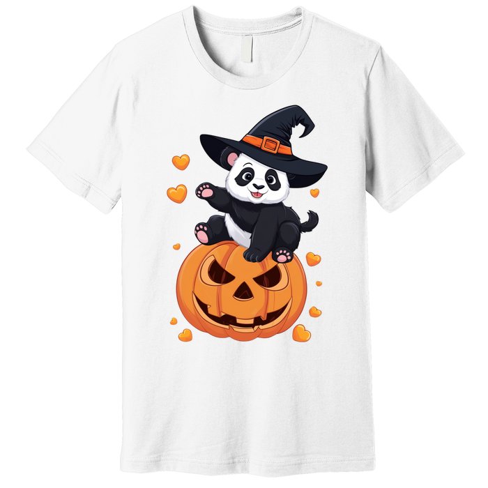 Panda On Pumpkin Witch Hat Pumpkin Face Halloween Panda Premium T-Shirt