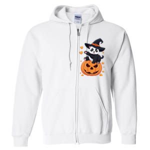 Panda On Pumpkin Witch Hat Pumpkin Face Halloween Panda Full Zip Hoodie