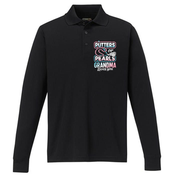 Putters Or Pearls Gender Reveal Grandma Baby Party Supplies Performance Long Sleeve Polo