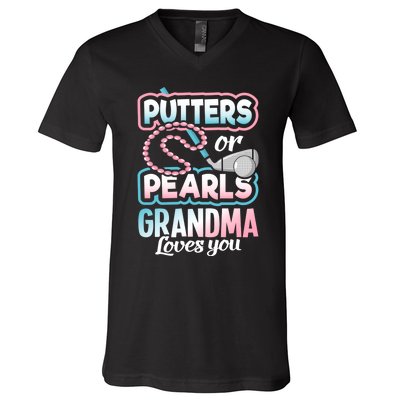 Putters Or Pearls Gender Reveal Grandma Baby Party Supplies V-Neck T-Shirt