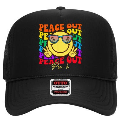 Peace Out PreK Graduation Smile Retro Face High Crown Mesh Back Trucker Hat