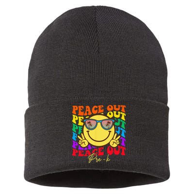 Peace Out PreK Graduation Smile Retro Face Sustainable Knit Beanie